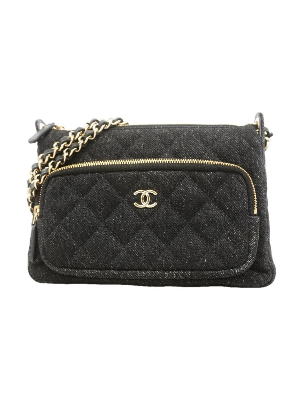 Chanel Shoulder Bag Quilted Denim Black Champagne Gold